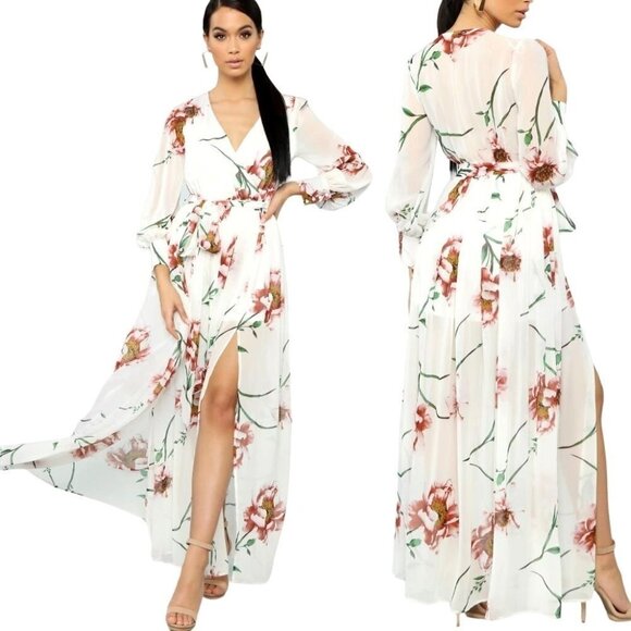 Fashion Nova Ivory‎ And Pink Floral Print The Moment I Knew Maxi Dress Size S - Picture 1 of 13
